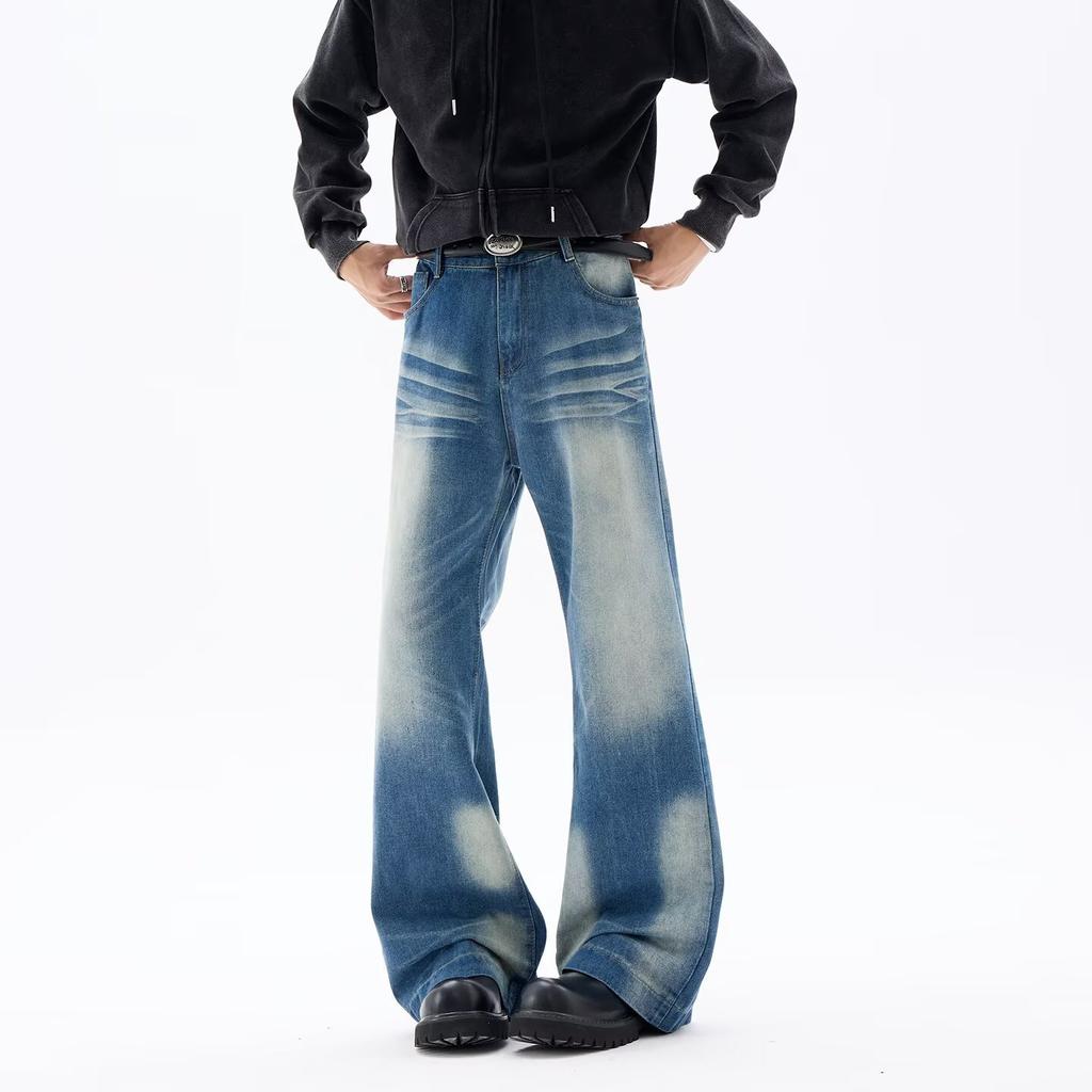 High Street Wide Leg Jeans Men's Washed Crease High Waist Loose and Skinny Versatile Straight Floor Pants Men's