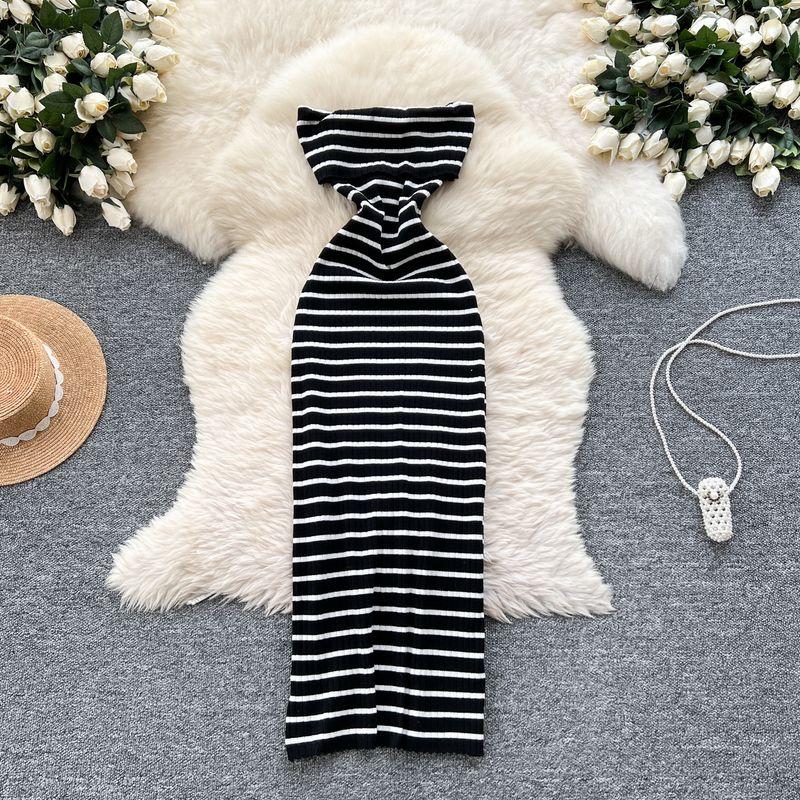 

European and American Ins Wear Women s Summer Sexy Socialite Sleeveless Lapel Slim fit Slimming Stripe Tube Top Knitted dress Black One size