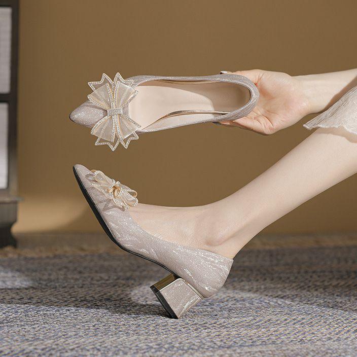 Women's Shoes Bride with Bow Ladies Pumps Pointed Toe Medium Heels Spring Discount Chic Point High Quality Luxury Brand Popular