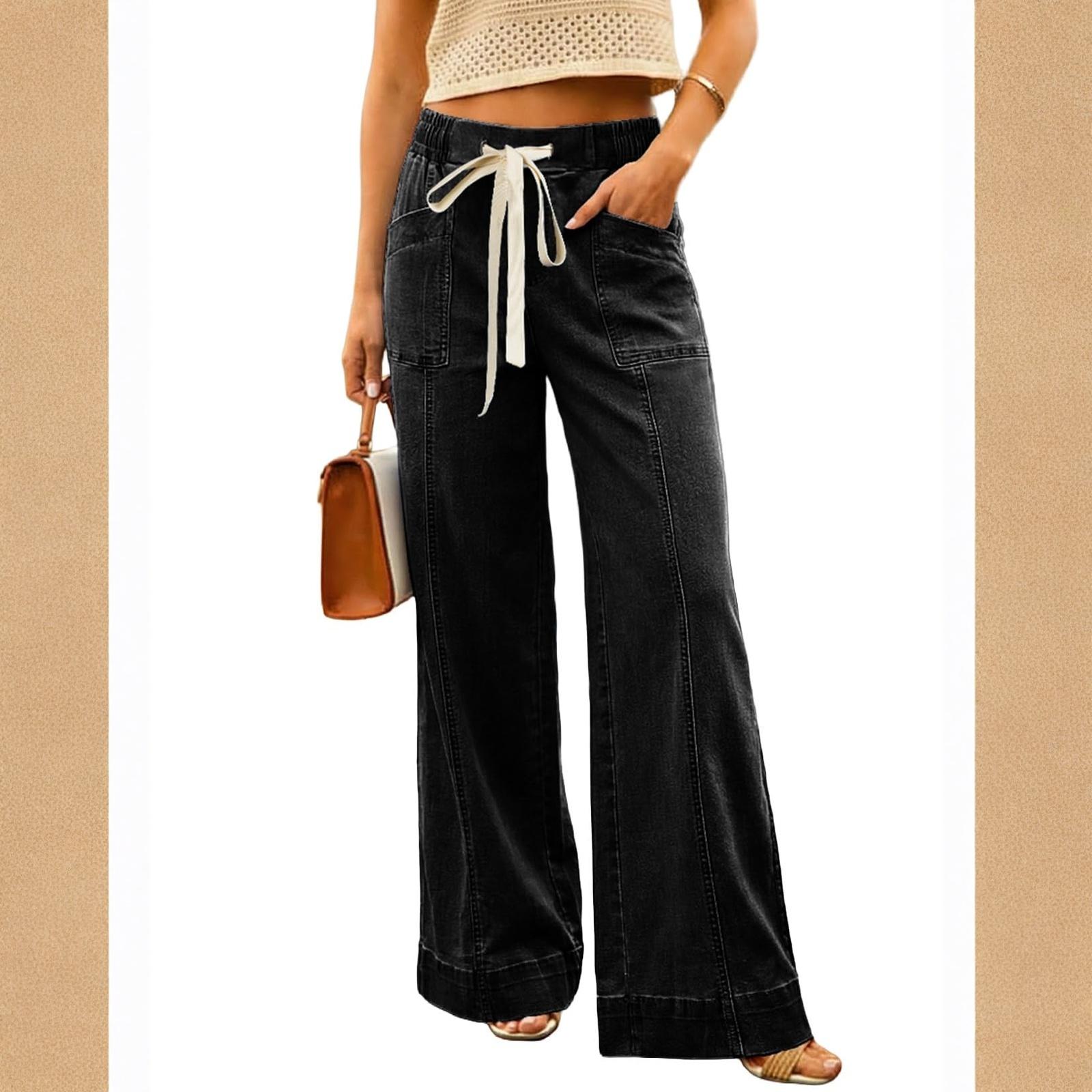 Женские джинсы с широкими штанинами Легкие Прямые Мешковатые Джинсовые брюки на кулиске L чёрный