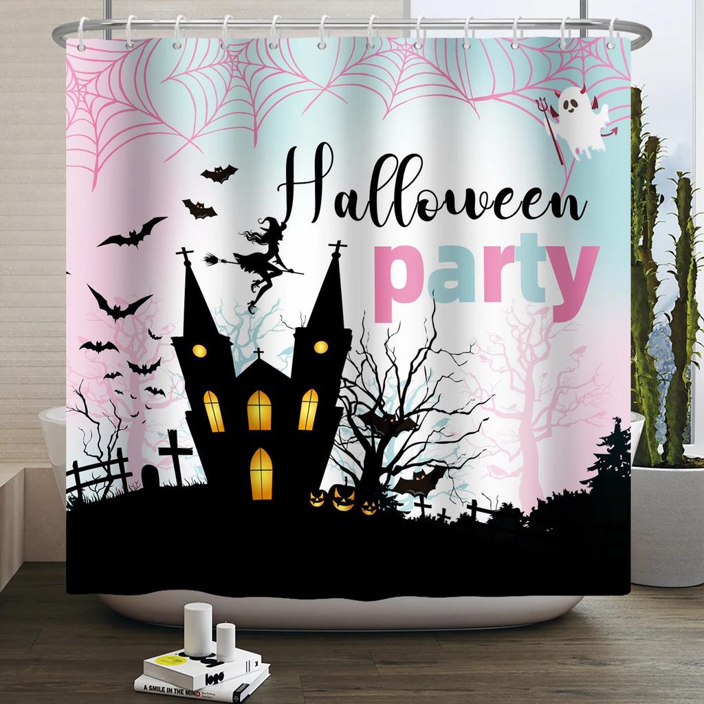 Halloween Shower Curtain Funny Horror Pumpkin Bat Cartoon Cat Happy Halloween Bathroom Curtain for Kids Waterproof Bath Curtain