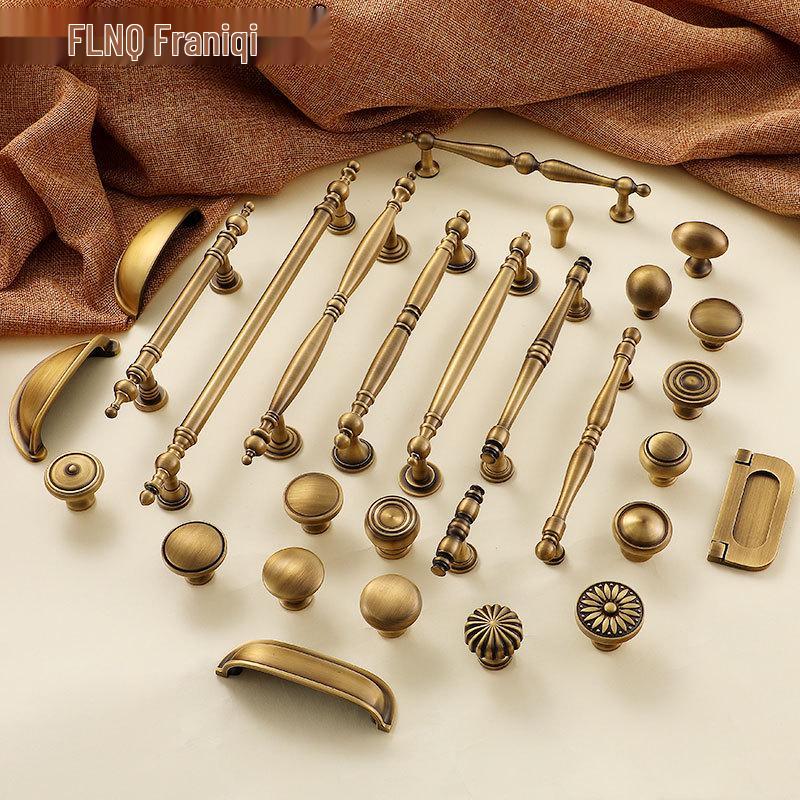 Yellow Bronze Retro French Cabinet Handle - Pure Copper for Wardrobe and Drawer