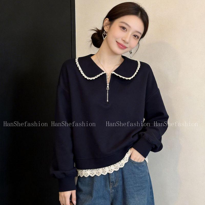 

Lace Trim Patchwork Faux Two-Piece Turn-Down Collar Long-Sleeve Sweatshirt for Women, Spring and Autumn, Plus-Size Women s Fashion Design Top Navy Blue M [Recommendation 40-47.5kg]