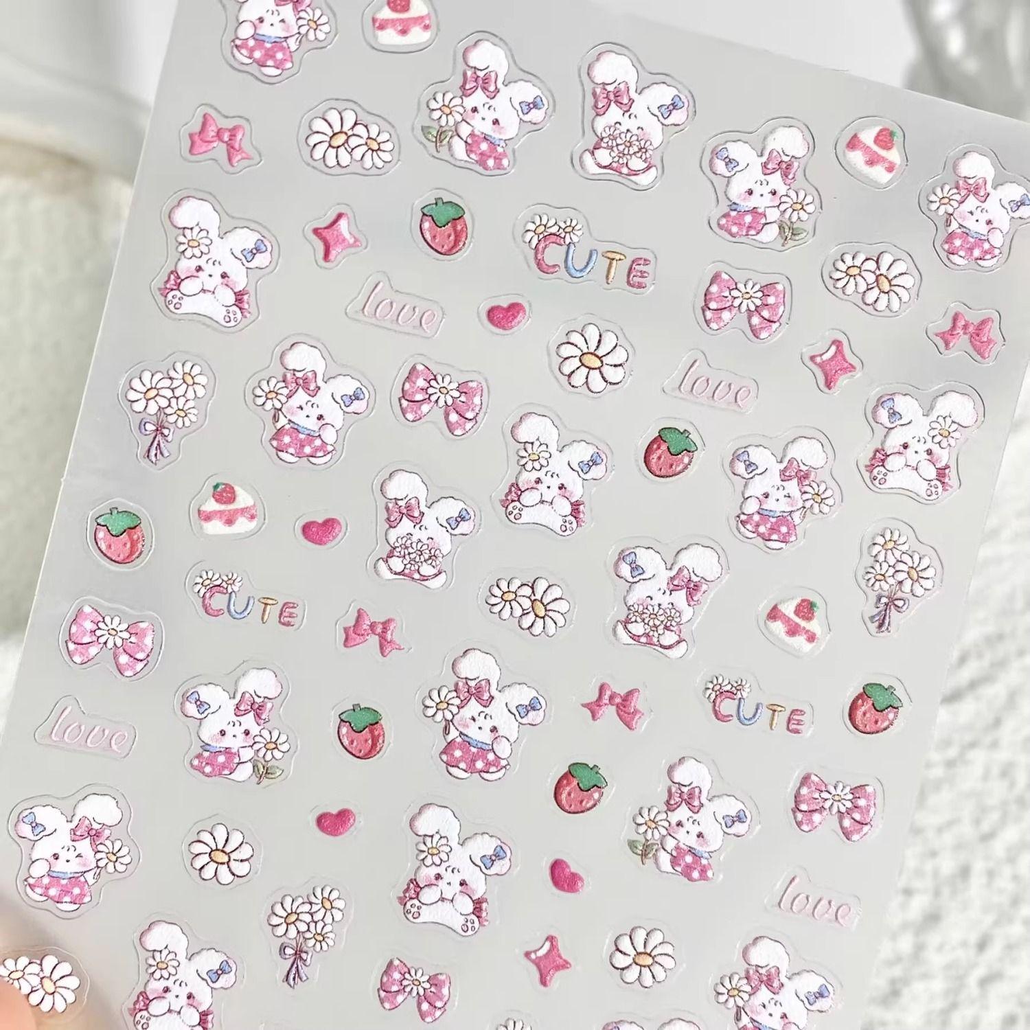 

Adorable Strawberry Rabbit Nail & Phone Decals - Sweet DIY Cartoon Design Cute Little Bunny Sticker [1 sheet]