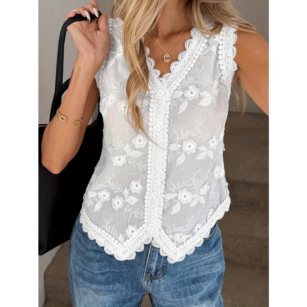 Vintage Embroidered Leaf Jacquard Heavy Embroidery V Neck Lace Crop Cami Top for Summer