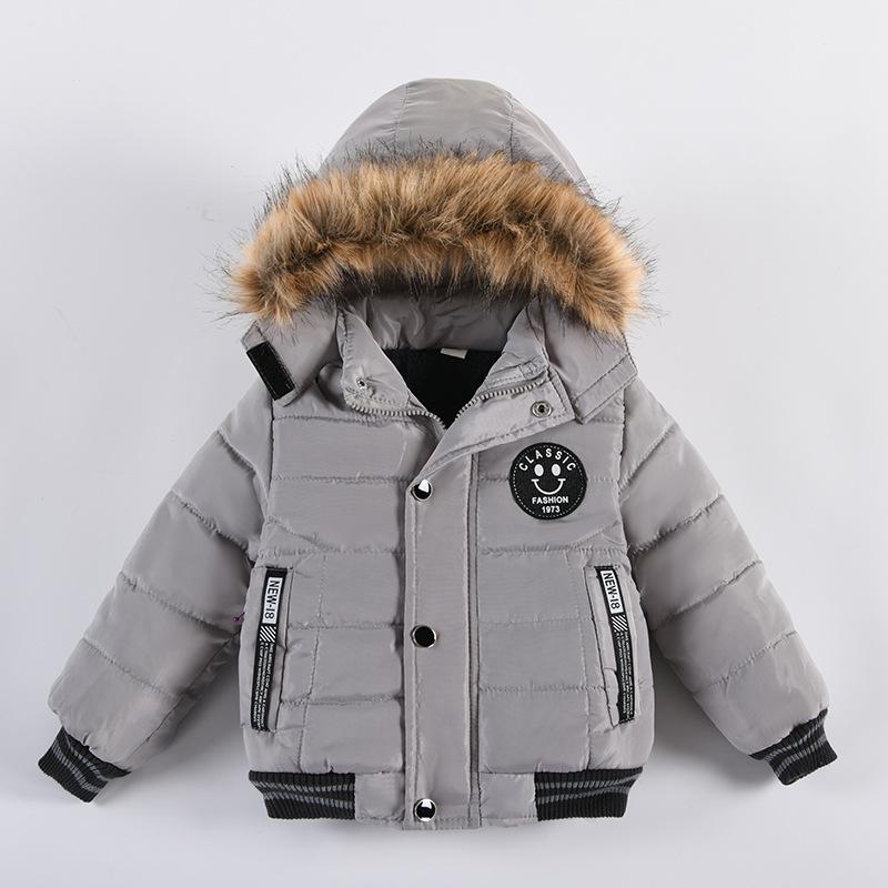 Jongens Jas Herfst Winter Effen Kleur Verdikken Capuchon Rits Mode Bontkraag Kinderen Warmhouden Bovenkleding