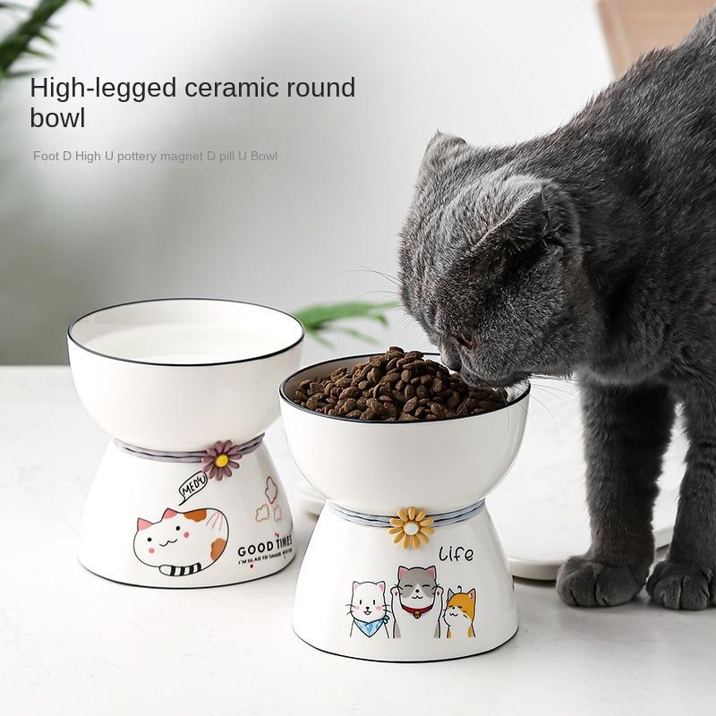 Pet Cat Bowl Ceramic Bowl Tall Black Chin Dog Rice Bowl Cute Drinking Protect Neck Spine Cat Food Bowl Anti Knock Over