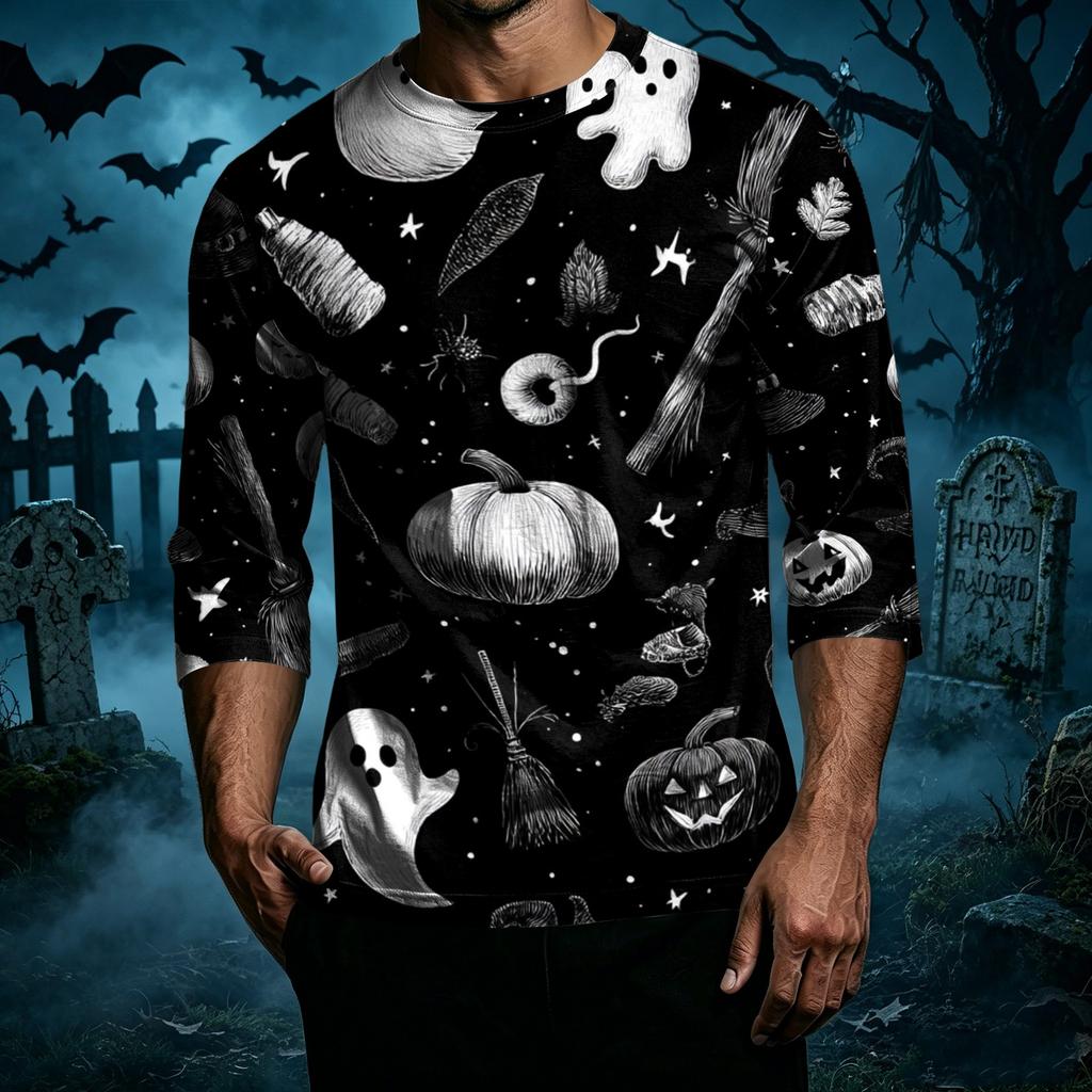Men's Casual Halloween Printed Crew Neck T Shirt Three Quarter Sleeve Top Suitable for Seasonal Wear and Everyday Use