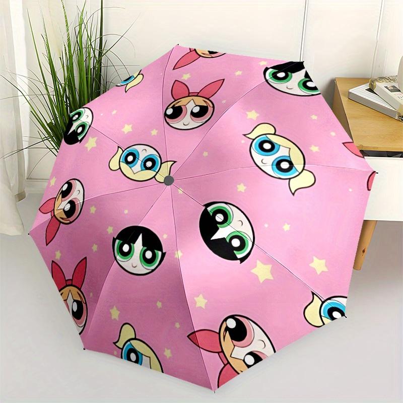 1pc Powerpuff Girls Characters Automatic Folding Umbrella with 8-Rib Compact & Lightweight Design, Self-Opening/ Closing, 094