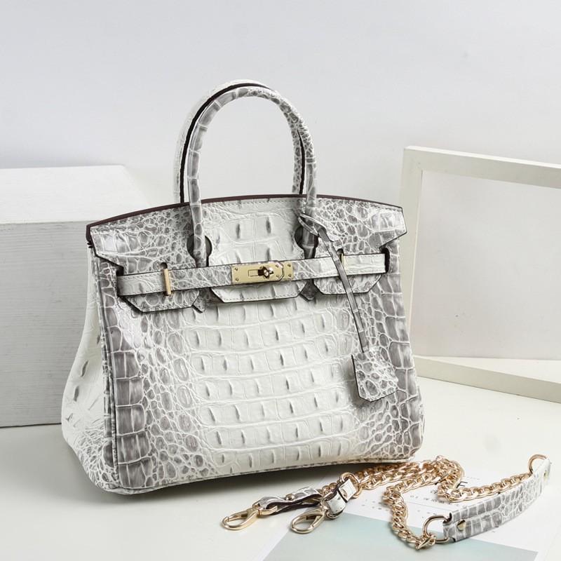 Geantă platină cu model os de aligator texturat, piele naturală, lanț nou la modă, atmosferic, geantă de mână, geantă de umăr messenger de capacitate mare.