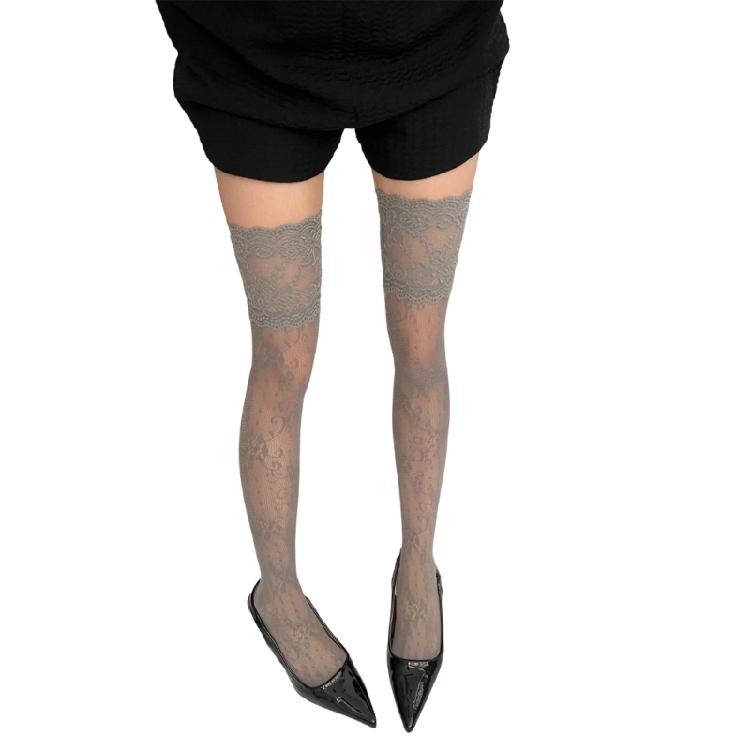 Elastic Nylon Thigh High Socks Vintage Floral Lace Fishnet Design Over Knee Stockings For Women Daily and Party Hosiery