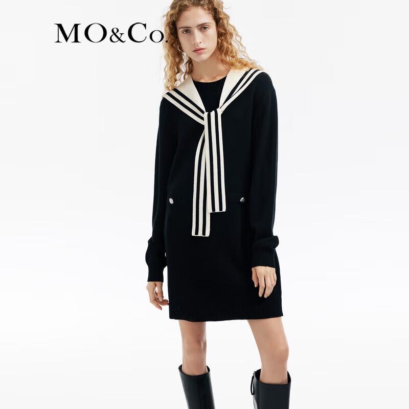 MO&Co. 2024 Spring Merino Wool Blend Shawl Dress with Navy Collar