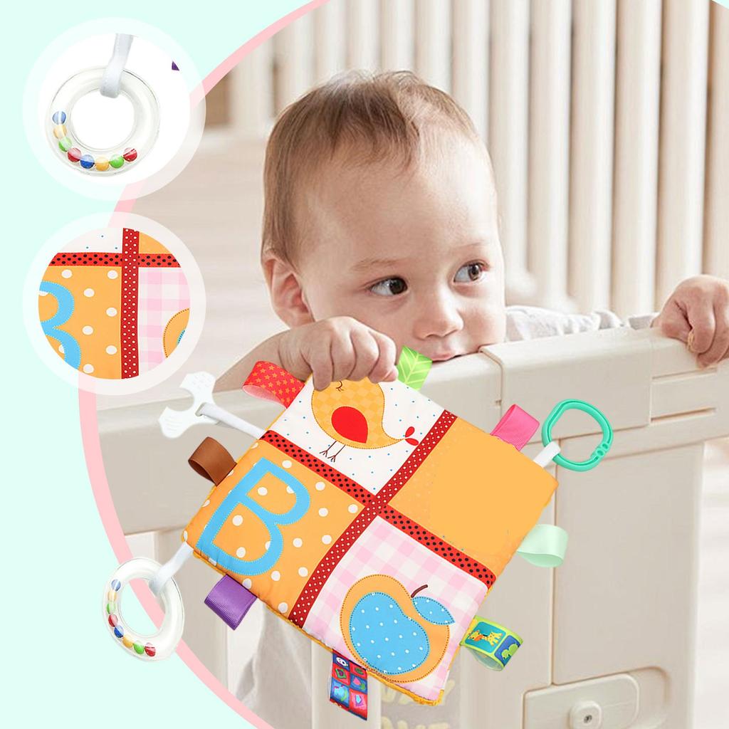 Baby Cartoon Label Comfort Towel, Soft Hanging Ring With Rattle Teether