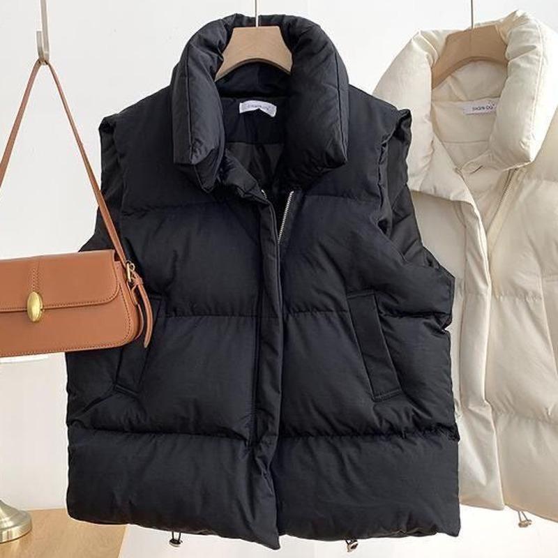 Women Solid Color Loose Stand Collar Sleeveless Vest Casual Autumn Winter Outerwear