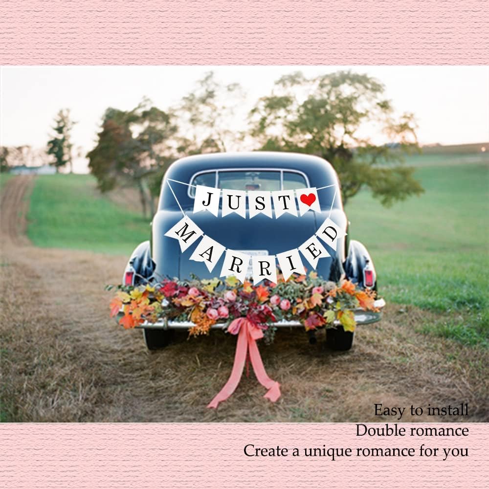 Just Married Car Decorations, Just Married Wedding Banner Set, Just Married Sign Banner Car Decorations Fit for Honeymoon Wedding, Photo Props and