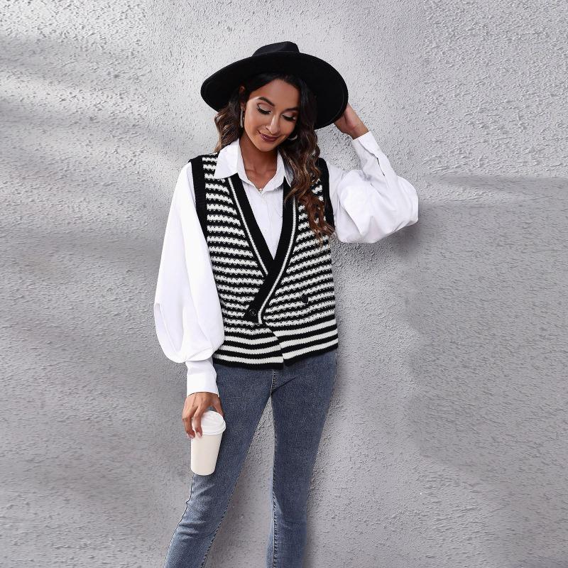 Spring and Autumn Women's Waistcoat Striped Knit Cardigan Sweater Vest