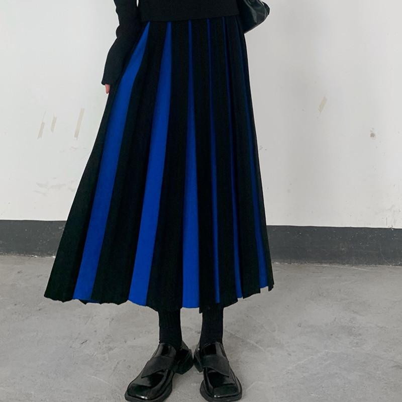 Women Contrast Color Midi Knit Skirts Loose Casual Elastic Waist Pleated Sweater Skirts