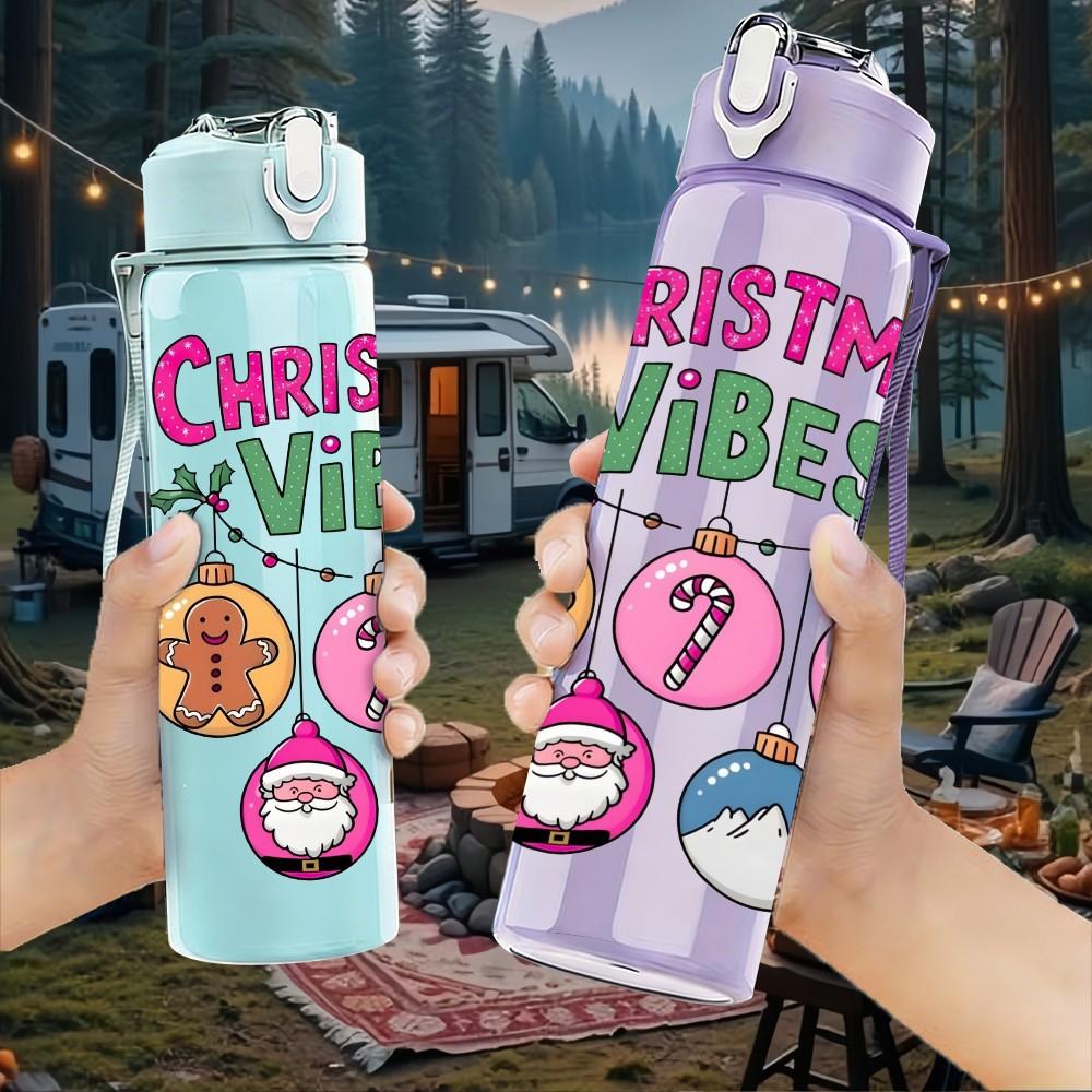 1PC Christmas Vibes Ornament 750ml Color Plastic Sports Water Bottle Leakproof Flip Straw Lid Suitable for Sports Office Home Use