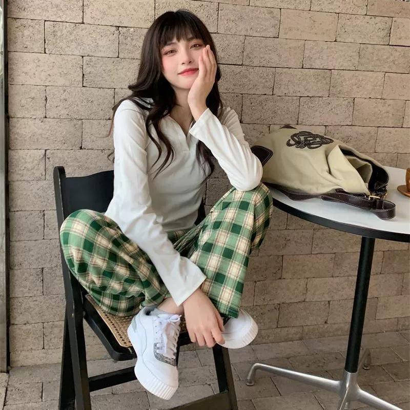 Women's Lambswool Plaid Fleece-Lined High-Waisted Loose Straight-Leg Wide-Leg Pants for Autumn/Winter 2025