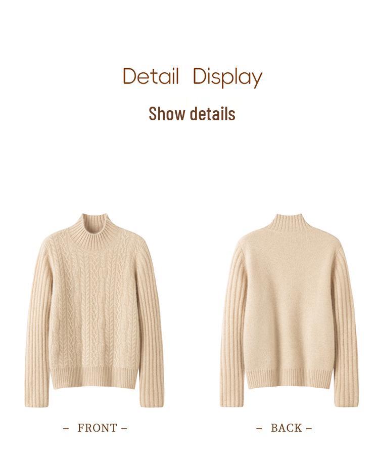 Women's Thick Cable Knit Cashmere Sweater - Half-High Neck, Long Sleeve, Solid Color Loose Fit for Fall and Winter Layering.