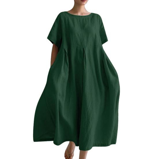 Summer Cotton Linen Dress for Women Short Sleeve Crew Neck A-linen Swing Dress Casual Loose Flowy Beach Sundress with Pockets