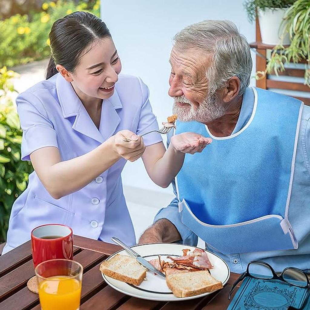 Stain-Resistant Bib with Pocket for Elderly Care and Mealtime Assistance