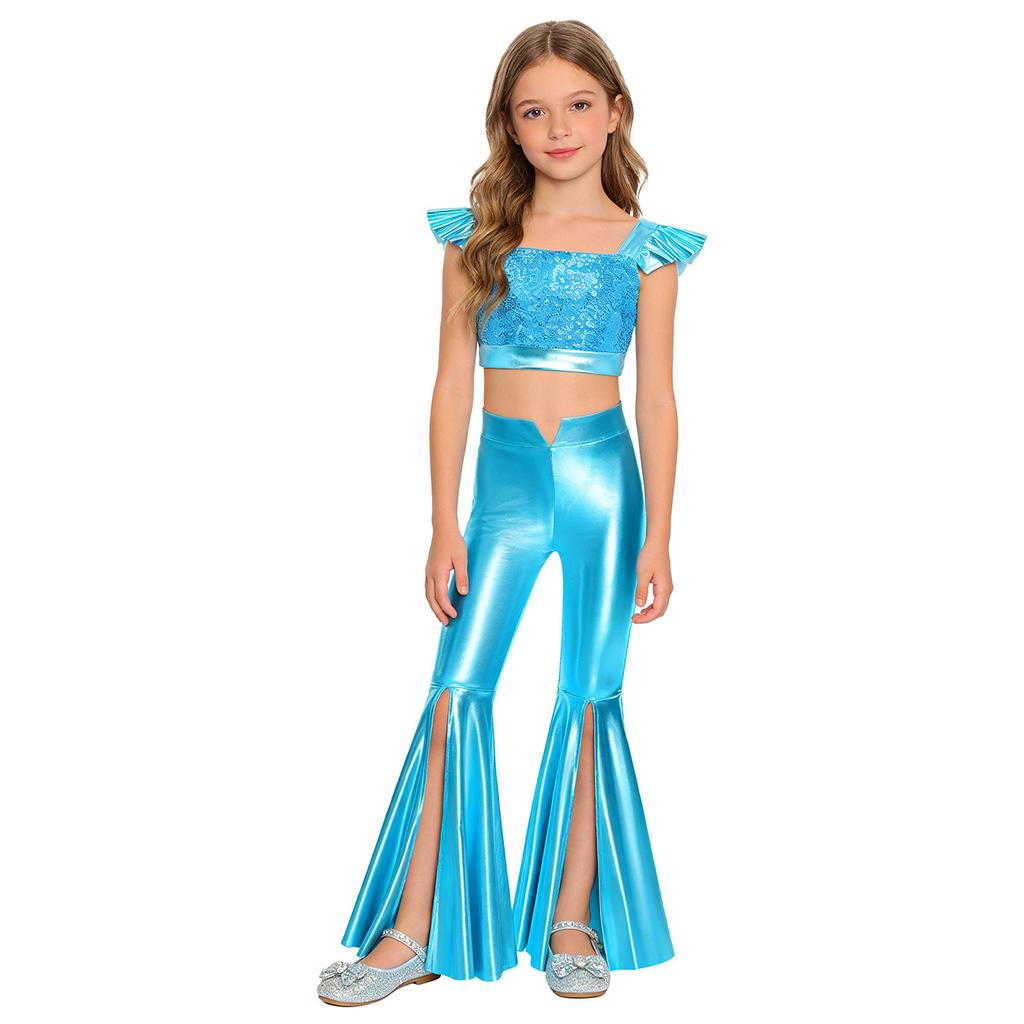 Girls Stage Performance Set Square Collar Metallic Crop Top Ruffled Sleeves Sequins with Split Bell Bottom Shiny Pants for Jazz Dance Recital