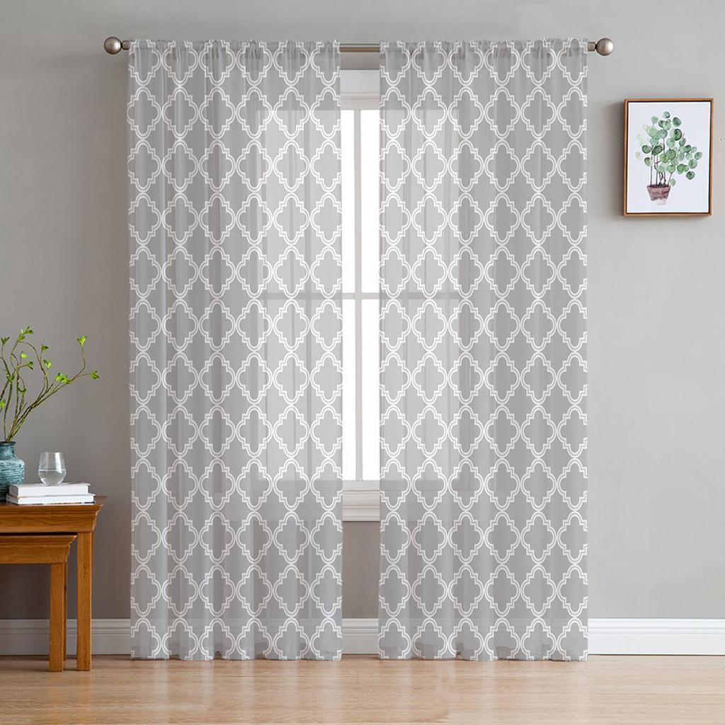 White Geometric Morocco Sheer Curtains for Living Room Modern Voile Curtain Bedroom Tulle Curtains Window Drapes Decor