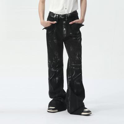Men's New Product High Street Pi Shuai Lacquer Print Splicing Heavy Industry Black Jeans Trendy
