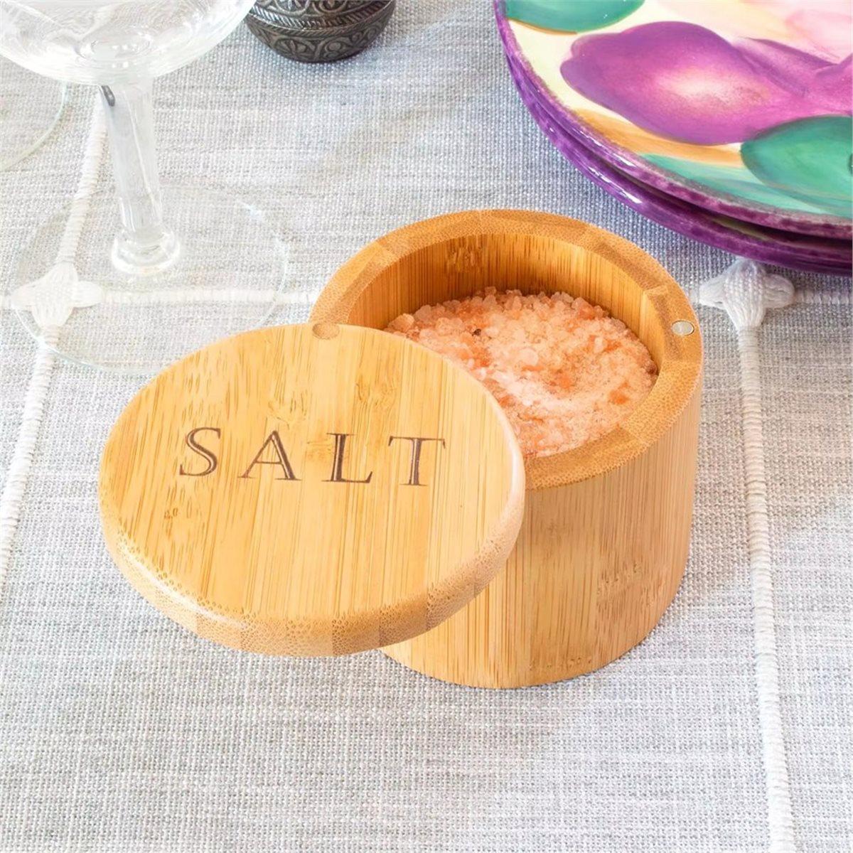1pc Bamboo Storage Box with Magnetic Twist-Off Lid, Salt Engraving on the Lid Bamboo Storage Box Salt Container China Mainland