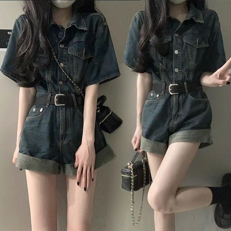 

New Women s High-Waisted Denim Romper Shorts Set - Sweet & Cool Style for Petite Sizes S [suitable for 80-100 lbs]