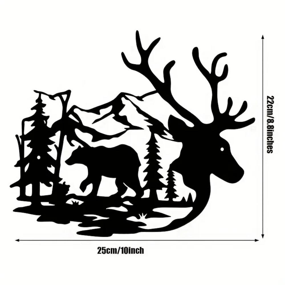 Wanddeko Wildtiere - Hirsch und Bär im Wald Kieferbaum Metallschild für Wohnzimmer- und Bürodeko