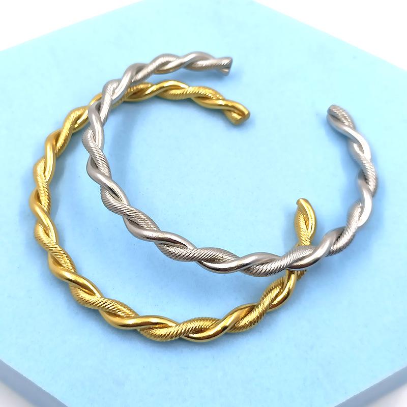 18K Gold Inlaid Stainless Steel Twisted C-Shape Bangle - Simple, Personalized Jewelry Accessory