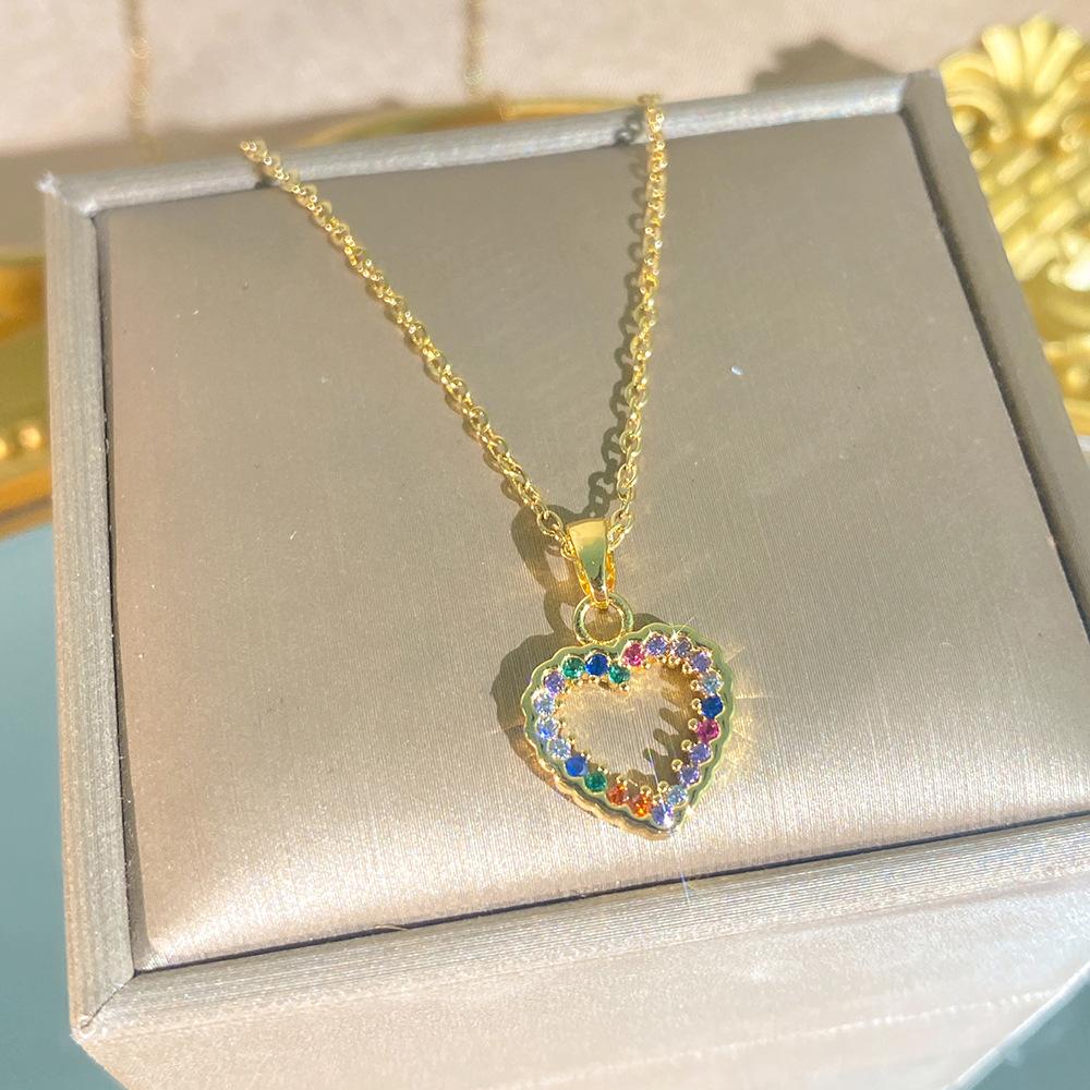 Women Colorful Full Zircon Heart Shaped Titanium Steel Clavicle Necklace