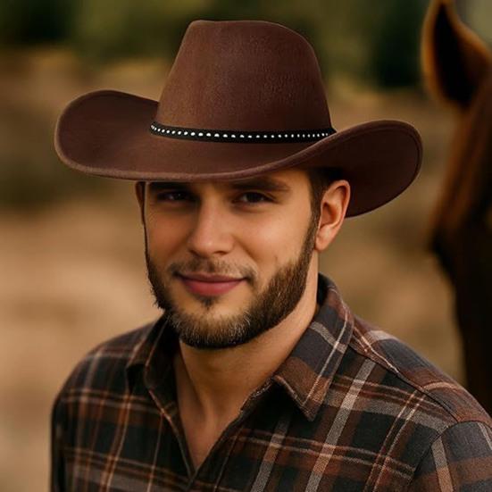 Western Cowboyhut für Männer Frauen Filz Breitkrempig Cowgirl Hut mit Silberperlen Aufrollbarer Fedora Hut für Wild West Kostümparty Halloween Cosplay
