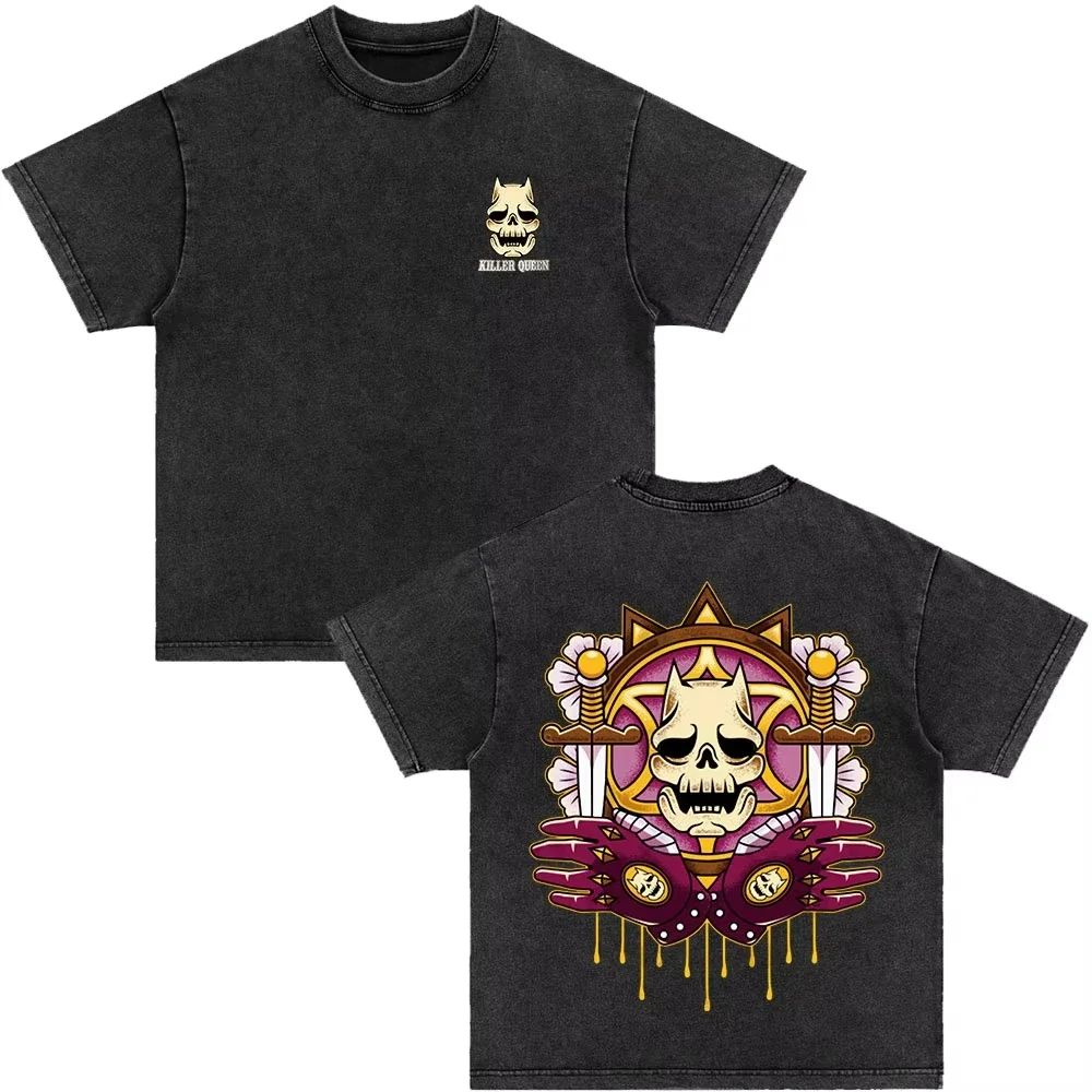 Japonské anime Jojo Bizarre Adventure Vintage prané tričko Killer Queen grafická trička Pánské Dámské Cosplay Nadměrné tričko