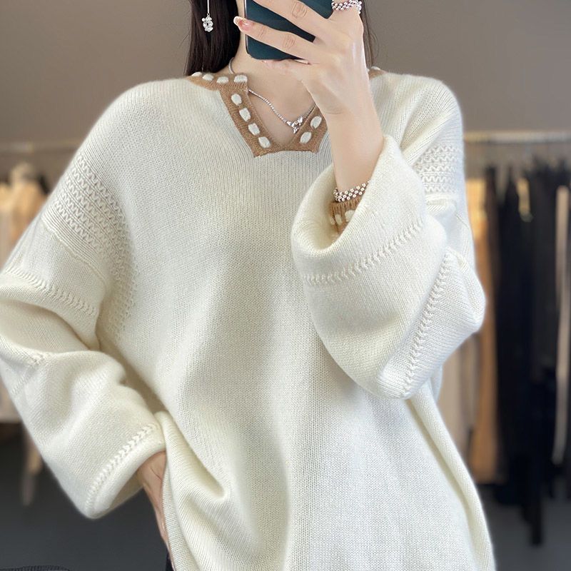 Korean Style Oversized Loose Knit Sweater Casual V Neck Pullover Color Block Tops for Women Autumn