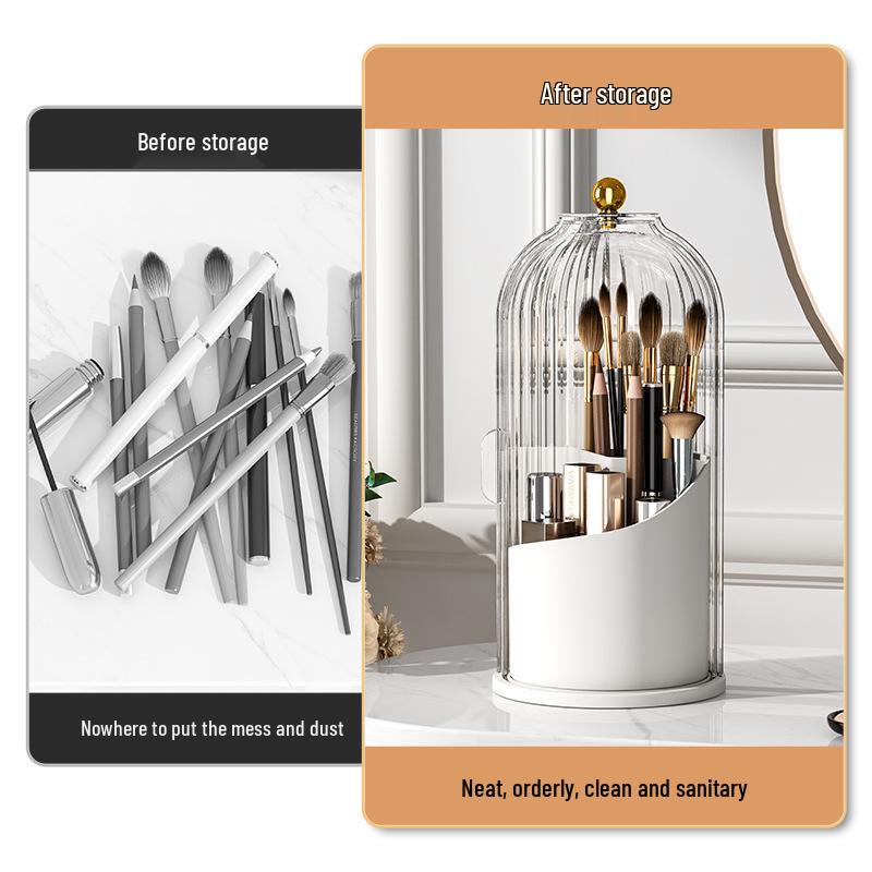Rotating Makeup Brush Holder: Dustproof Cosmetic Organizer with Partitioned Storage for Lipstick and Accessories