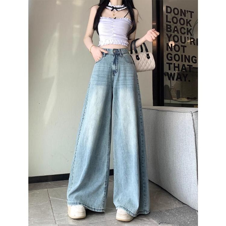 Jeans a Vita Alta da Donna Taglie Forti, Vestibilità Larga, Drappeggiati, Gamba Larga, Autunnali, Snellenti, Dritti, Lunghezza Pavimento