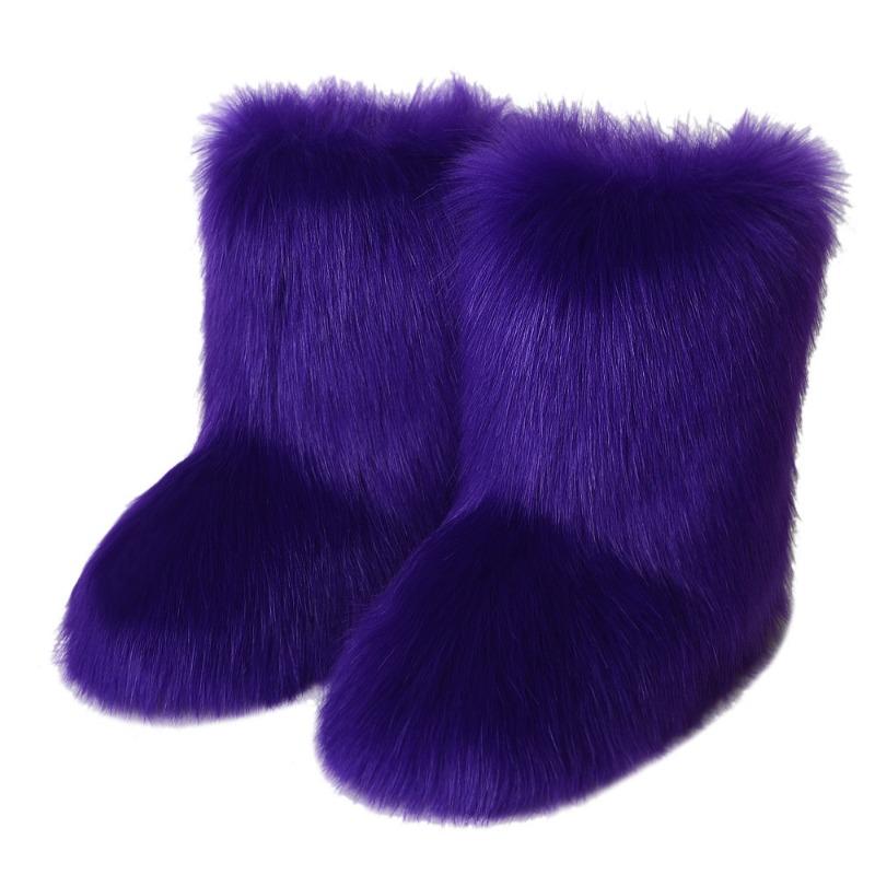 Flat heel high top warm winter furry boots deep mouth round head medium tube imitation fox fur snow boots women