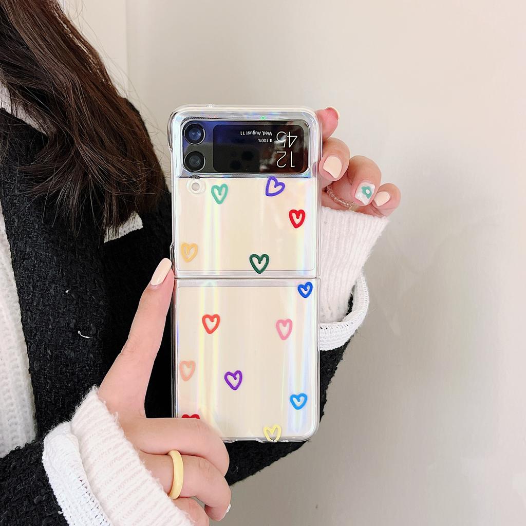 Pro pouzdro Samsung Galaxy Z Flip 3 Korejské Barevné Srdce Pro Samsung Z Flip 4 Zflip4 Luxusní Pevný PC Průhledný Kryt S Laserovou Jamkou