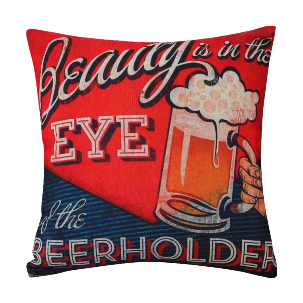 45x45cm Vintage Beer Printed Cushion Cover Bar Coffee Shop Wine Party Sofa Chair Decor Cotton Linen Pillow Case
