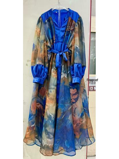 

European & American V-Neck Waist-Cinching Printed Mesh Patchwork Dress XXL