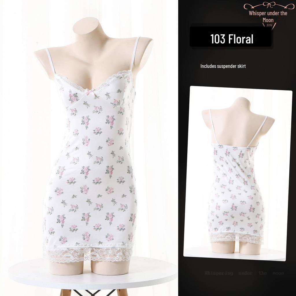 Sexy Dessous mit Blumenspitze: Tief ausgeschnittener Sling-Nachtwäsche-Kurzrock