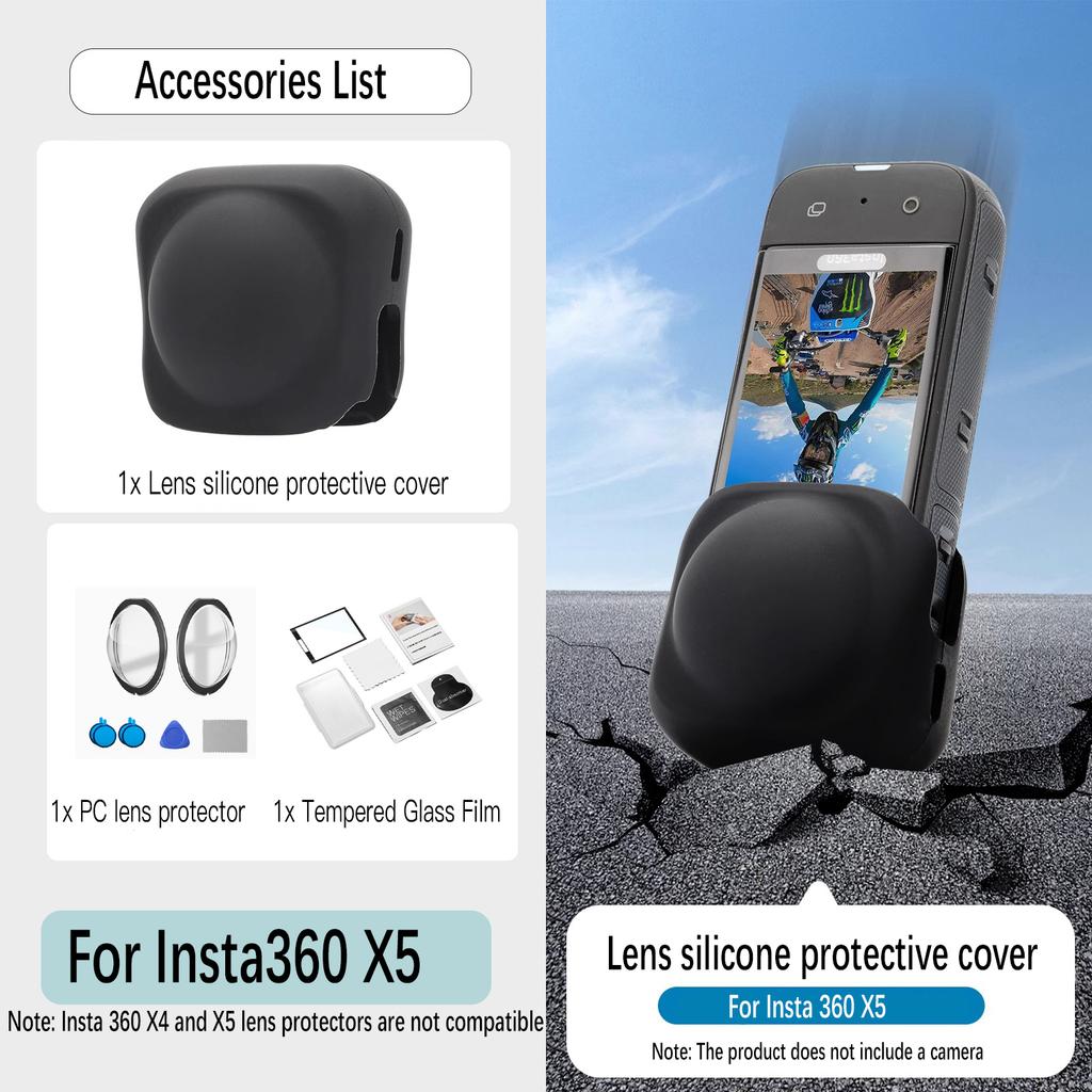 Geeignet für Insta 360 X3/X4/X5 Silikon-Objektivschutzhülle, gehärtete Folie, Objektiv-PC-Schutzlinse