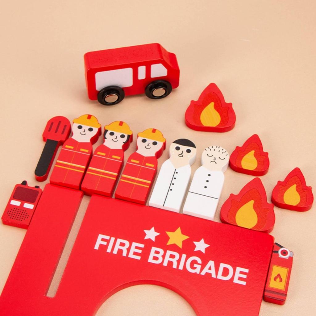 Wooden Fire Station Set Painted Assist Toy Scene Bright Red Firefighter Figure for Kids