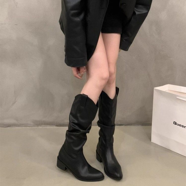 Coarse Heel Pleated Long Knight Boots Women's Shoes 2025 New Autumn and Winter Western Thin and Thin Long Boots