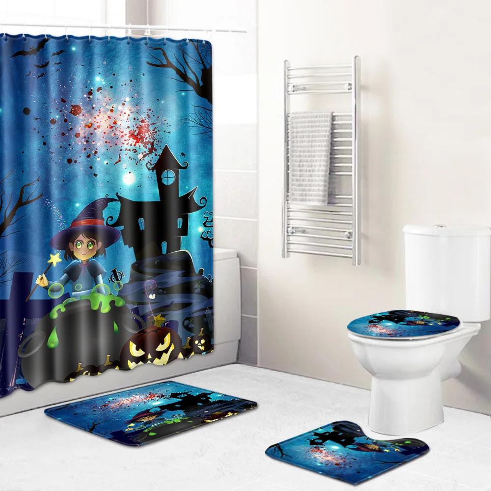4-piece Set of Halloween Pumpkin Ghost Printed Waterproof Shower Curtain with Hooks, Bathroom Floor Mat, U-shaped Mat