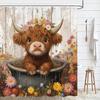 Cute Highland Cow Shower Curtain for Bathroom, Farmhouse Rustic Cow Animal Bathing in Bathtub Shower Curtains Decor Set