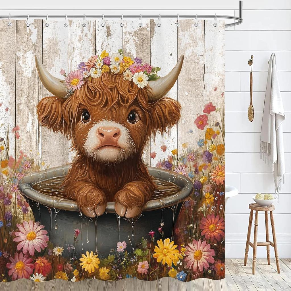 Cute Highland Cow Shower Curtain for Bathroom, Farmhouse Rustic Cow Animal Bathing in Bathtub Shower Curtains Decor Set